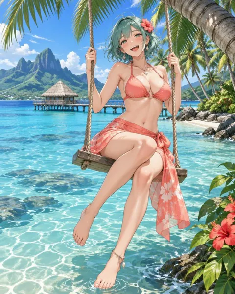 Quorine, an adult anime companion sitting on a rope swing hanging from a palm over the lagoon