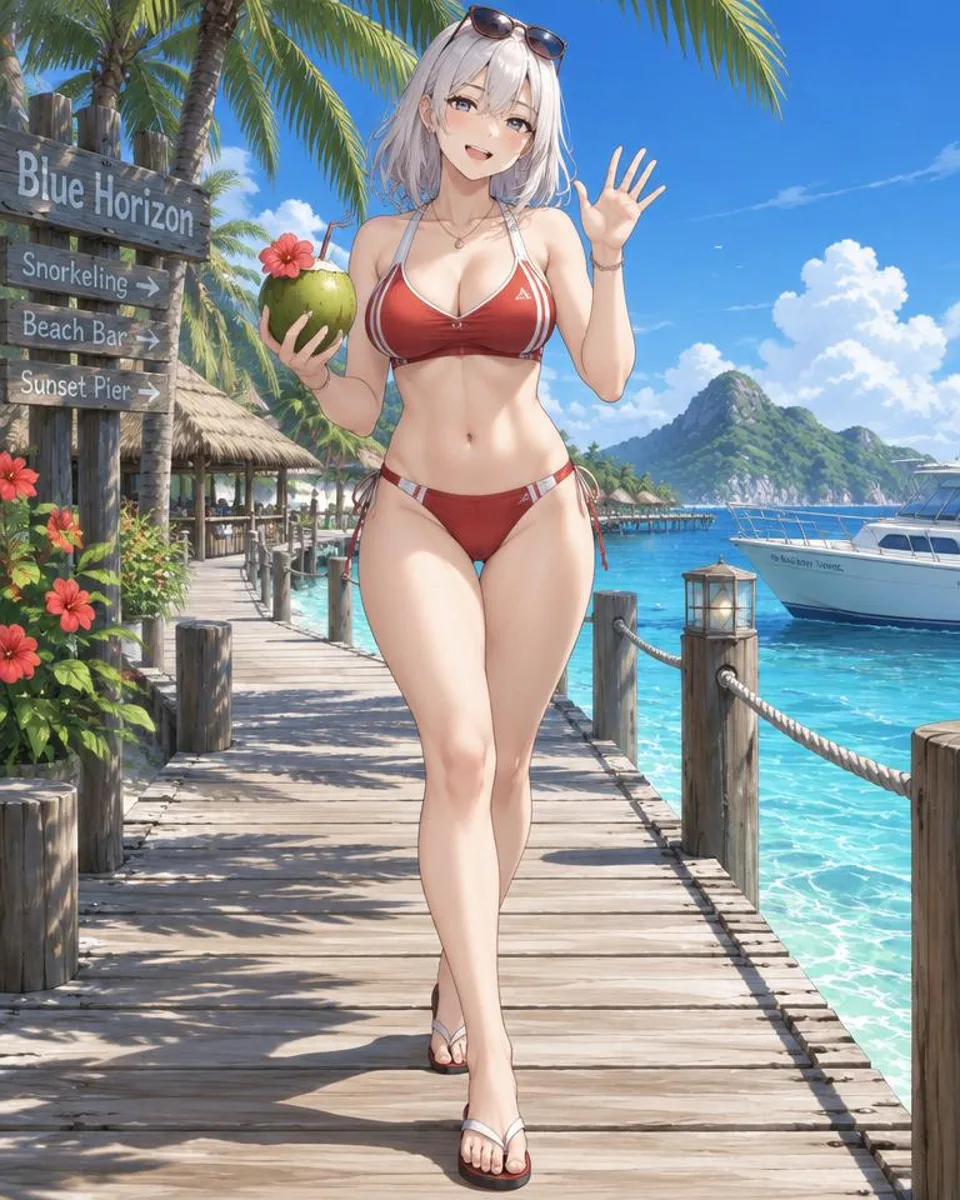 Veridane, an adult anime companion walking along a wooden pier with a coconut drink and waving